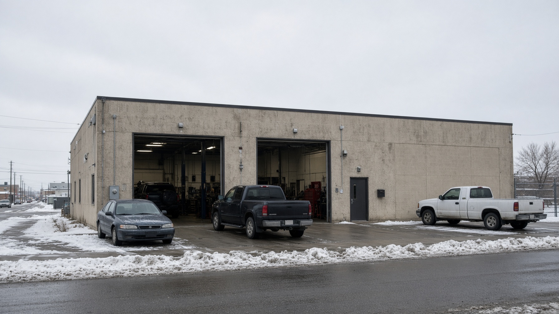 Independent auto shop exterior on a winter afternoon in Calgary
