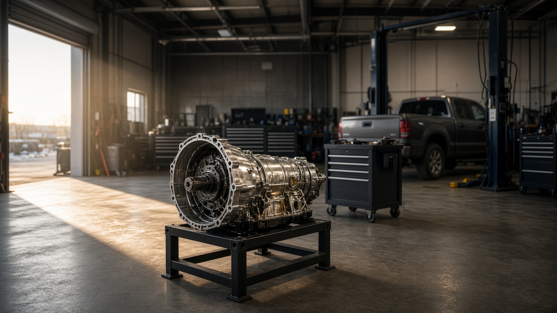 Rebuilt automatic transmission on a stand in a Calgary shop bay