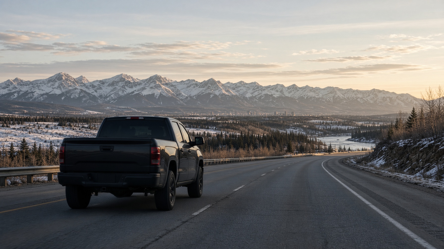 Pickup truck on a Calgary highway with the Rockies on the horizon