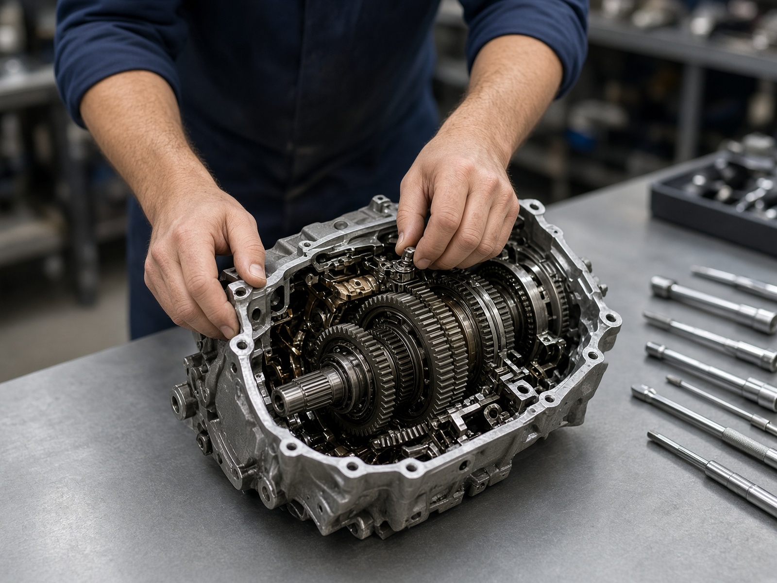 Technician inspecting an open automatic transmission on the bench